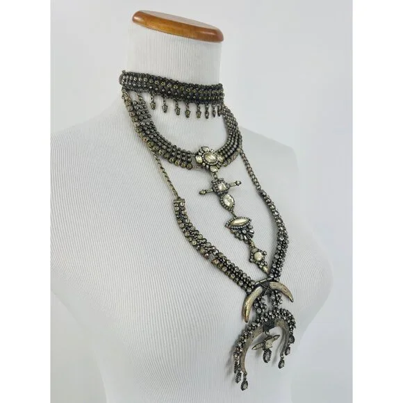 Free People Multilayered Antiqued Silver & Rhinestone Necklace - Picture 16 of 16